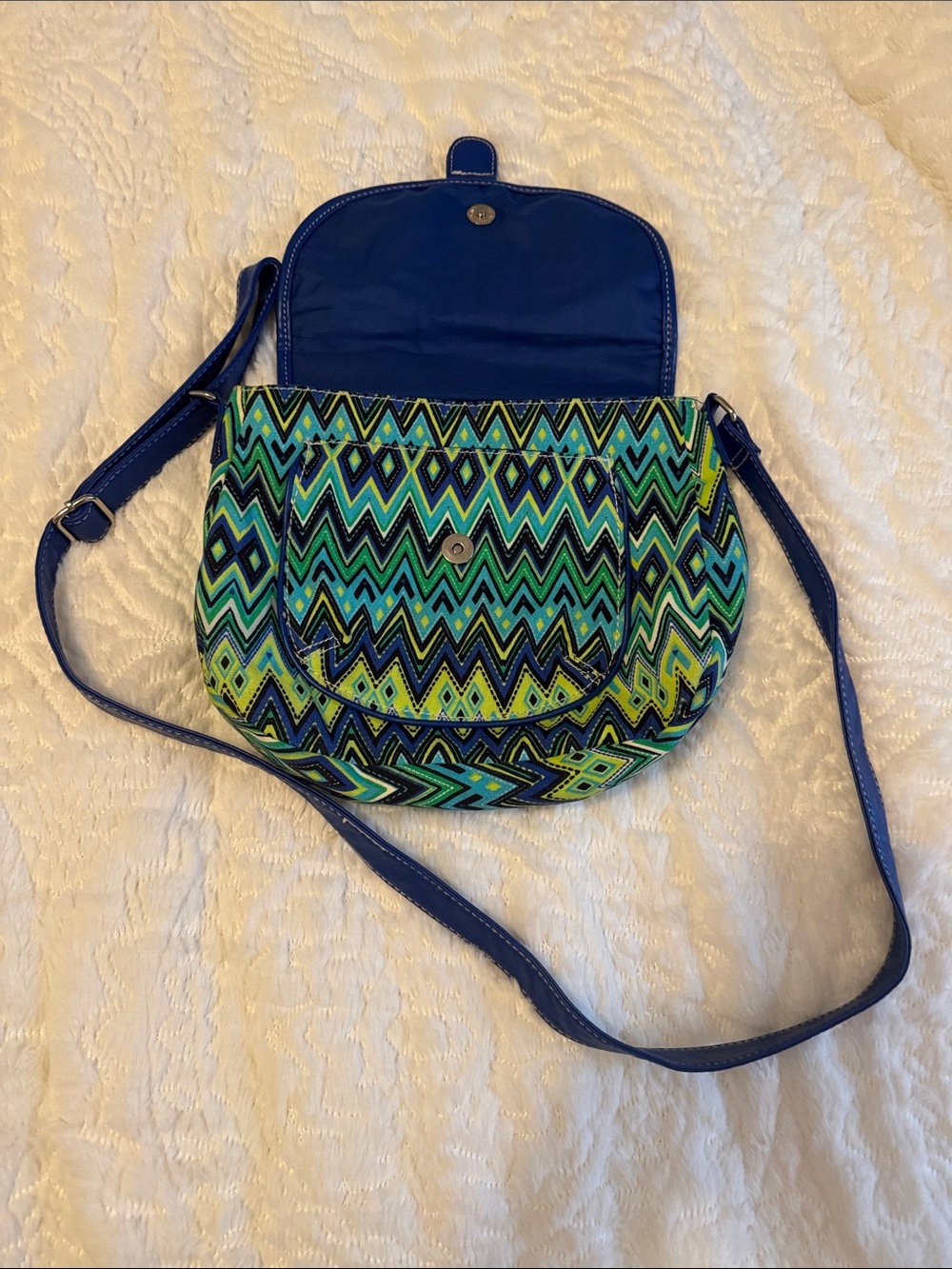 Crossbody Saddle Bag in Blue & Green Geometric Print